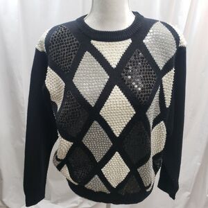 Alfred Dunner Sweater Women's Sequin Argyle Black White Gray Size Petite Large